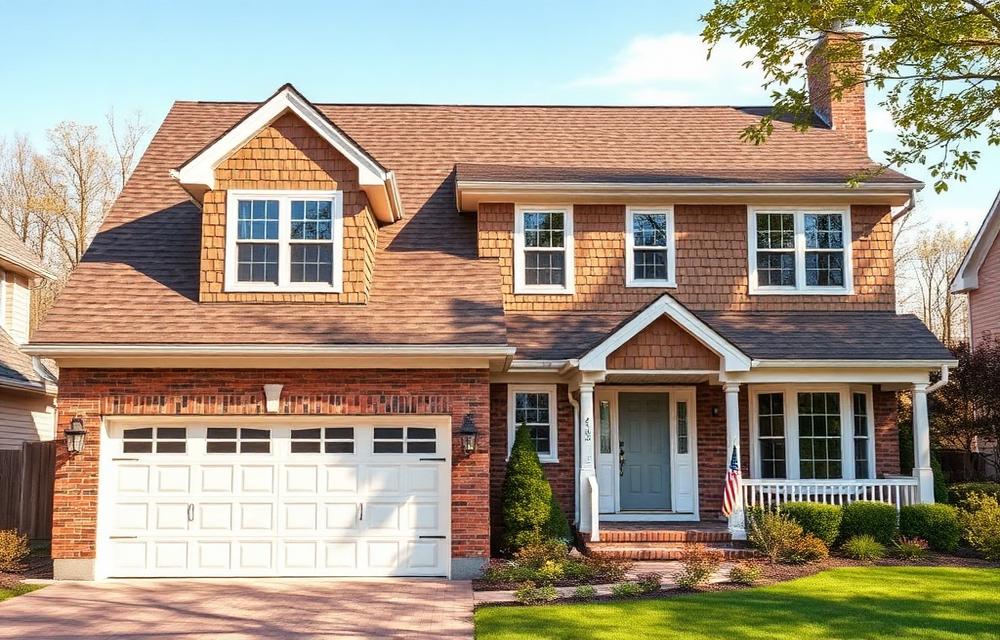 Two-story shingled home with new roof and white trim