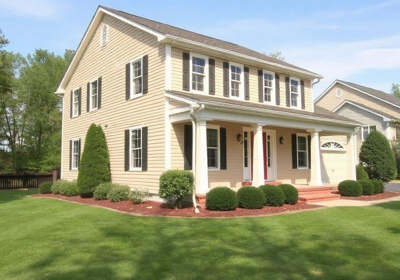 Beige colonial home with newly installed seamless gutters