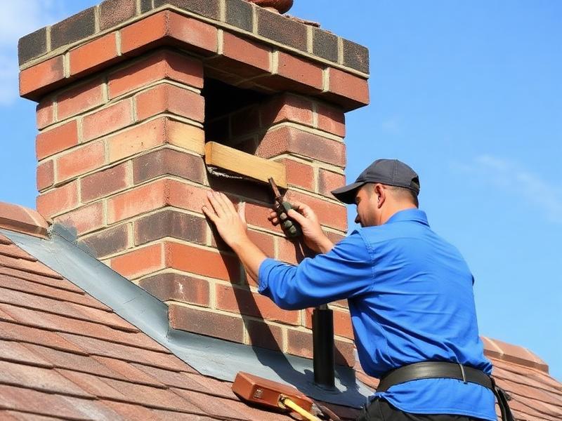Mason repairing flashing on a residential brick chimney